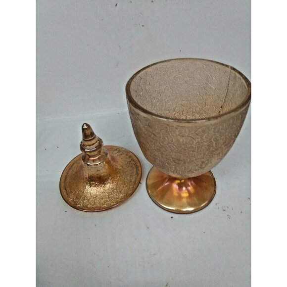 Jeannette Marigold Crackle Textured Candy Compote Jar - Lidded 1930's - Picture 8 of 9